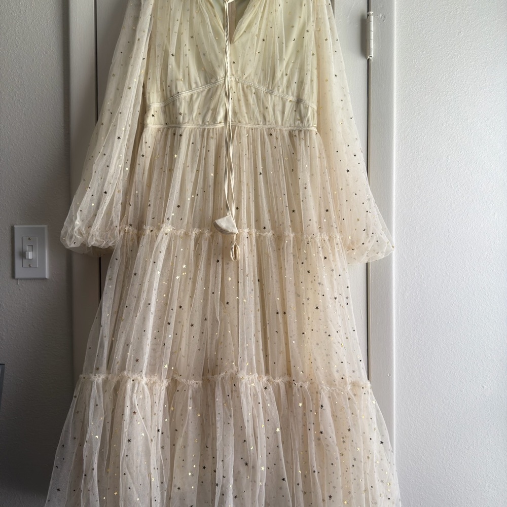 Ina Sheer Cream Tulle Dress with Gold Star Embellishments
